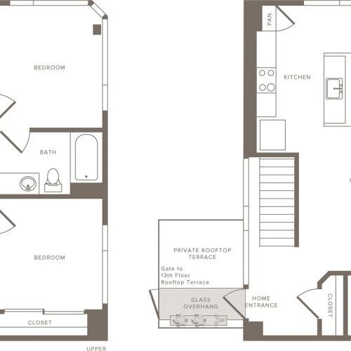 1,254-1,266 square foot two bedroom three bath apartment two story penthouse floorplan image