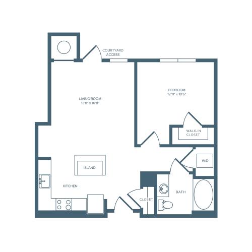 837 square foot one bedroom one bath apartment floorplan image