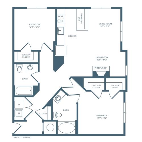 1181 square foot two bedroom two bath apartment floorplan image