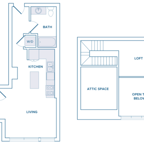 Two level one-bedroom floor plan with stairs to loft