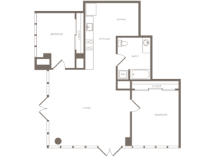 1131 square foot two bedroom two bath apartment floorplan image
