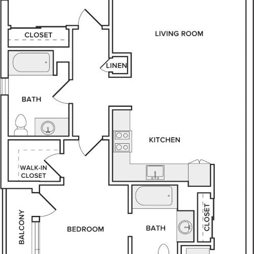 1027-1043 square foot two bedroom two bath apartment floorplan image
