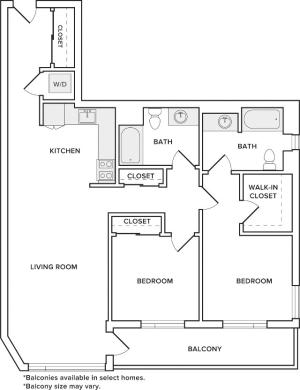 1045-1047 square foot two bedroom two bath apartment floorplan image