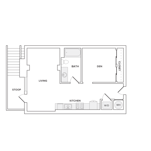 605 square foot studio one bath floorplan image