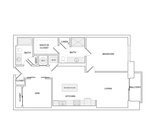 1003 square foot one bedroom two bath den apartment floorplan image