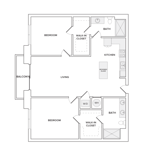 1129 square foot two bedroom two bath apartment floorplan image