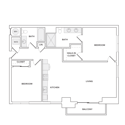 1103 square foot two bedroom two bath apartment floorplan image
