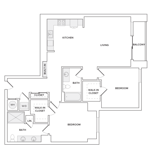 1184 square foot two bedroom two bath apartment floorplan image