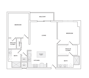 1212 square foot two bedroom two bath apartment floorplan image