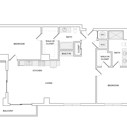 1270 square foot two bedroom two bath apartment floorplan image
