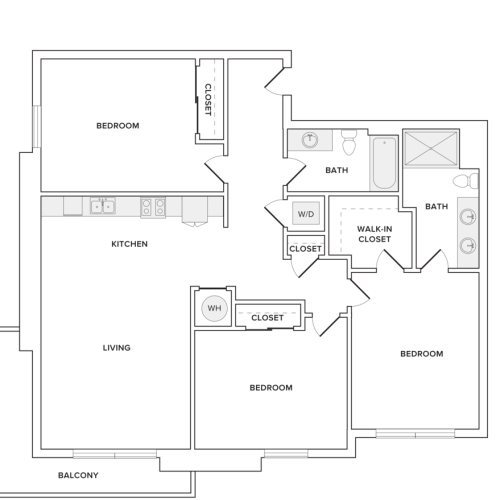 1325 square foot three bedroom two bath apartment floorplan image