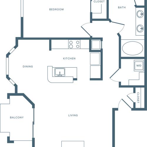 857 square foot one bedroom one bath apartment floorplan image