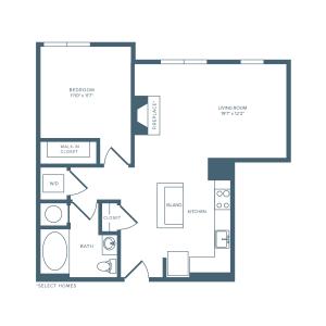 846 square foot one bedroom one bath apartment floorplan image