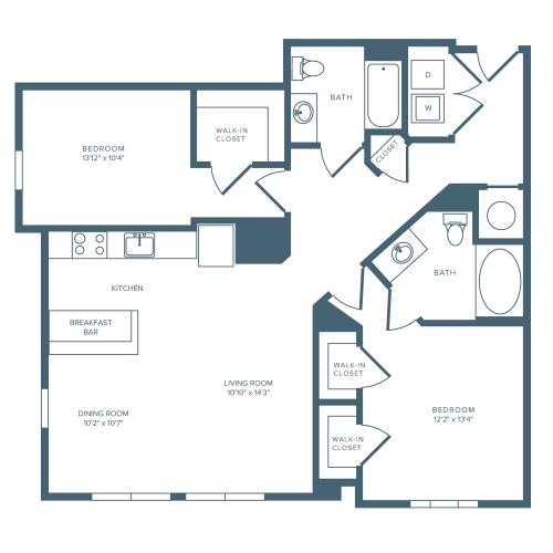 1053 square foot two bedroom two bath and courtyard access apartment floorplan image