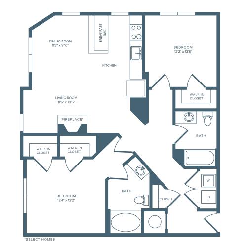 1189 square foot two bedroom two bath apartment floorplan image