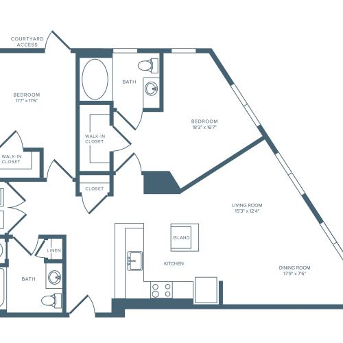 1208 square foot two bedroom two bath apartment floorplan image