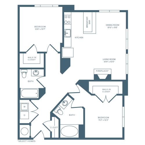 1216 square foot two bedroom two bath apartment floorplan image