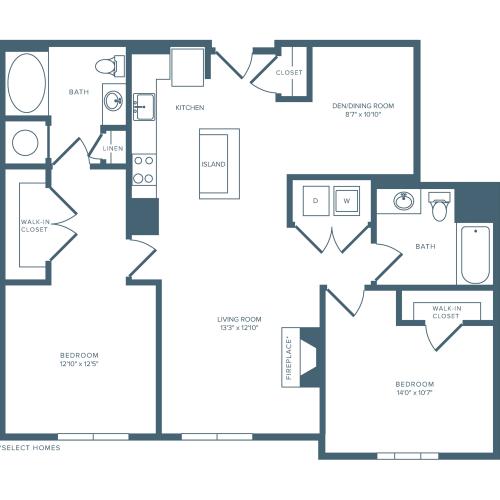 1220 square foot two bedroom two bath and courtyard access apartment floorplan image