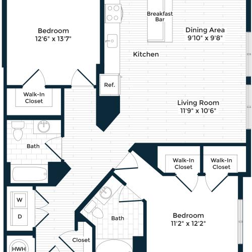 1235 square foot two bedroom two bath apartment floorplan image