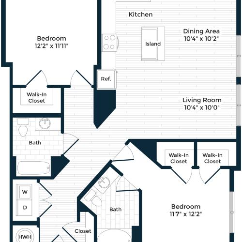 1236 square foot two bedroom two bath apartment floorplan image