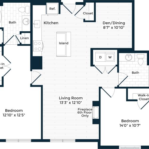 1316 square foot two bedroom two bath apartment floorplan image