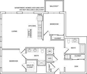 1257 square foot two bedroom two bath den apartment floorplan image
