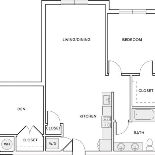 953 square foot one bedroom one bathroom apartment with den floorplan image