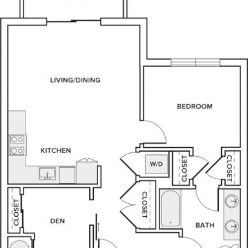 825 square foot one bedroom one bathroom apartment with den floorplan image