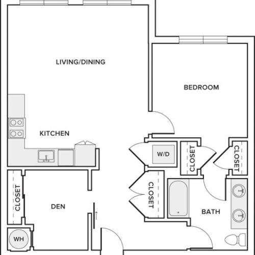 922 square foot one bedroom one bathroom apartment with den floorplan image