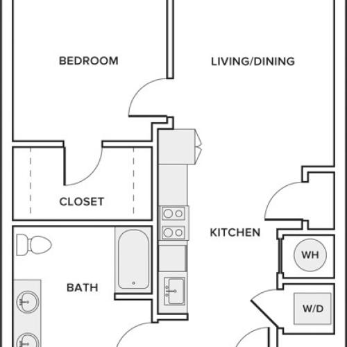 689 square foot one bedroom one bathroom apartment floorplan image
