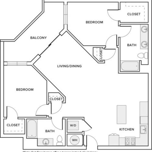 1148 square foot two bedroom two bathroom apartment floorplan image