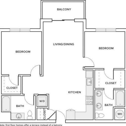1118 sqft two bedroom two bathroom apartment floorplan image