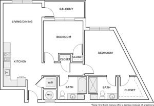 967 sqft two bedroom two bathroom apartment floorplan image