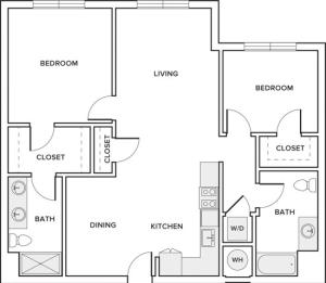 1187 sqft two bedroom two bathroom apartment floorplan image