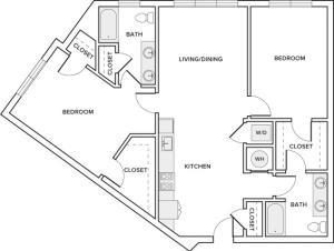 1190 sqft two bedroom two bathroom apartment floorplan image