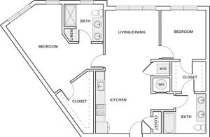1114 sqft two bedroom two bathroom apartment floorplan image