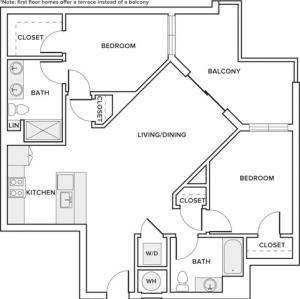 1059 sqft two bedroom two bathroom apartment floorplan image