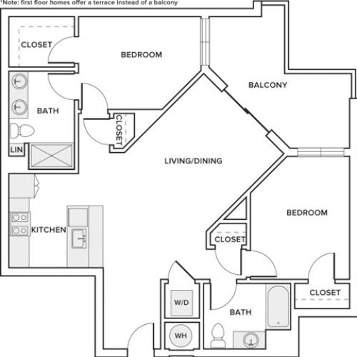 1059 sqft two bedroom two bathroom apartment floorplan image