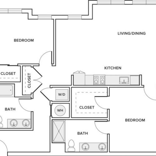 953 sqft two bedroom two bathroom apartment floorplan image