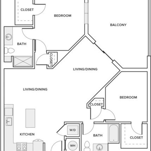 1205 square foot two bedroom two bathroom apartment floorplan image