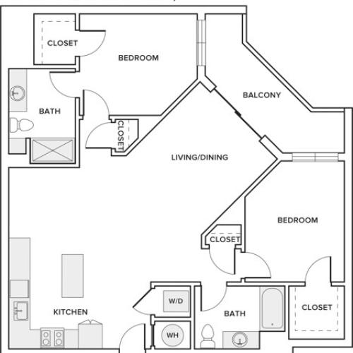 1134 square foot two bedroom two bathroom apartment floorplan image