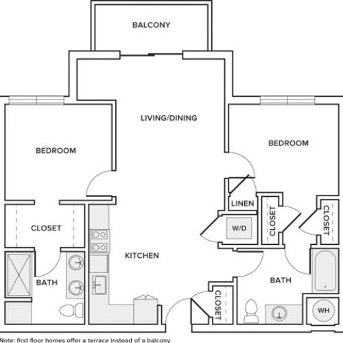 1013 square foot two bedroom two bathroom apartment floorplan image