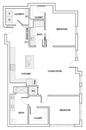 1440 square foot two bedroom two bath apartment floorplan image