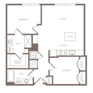 1016 square foot two bedroom two bath high-rise apartment floorplan image