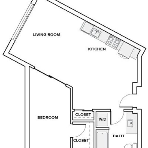 738 to 748 square foot one bedroom one bath apartment floorplan image