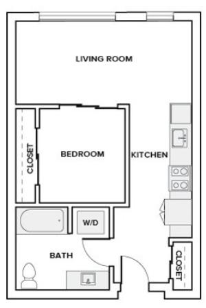 545 to 553 square foot one bedroom one bath apartment floor plan image in Redmond, WA