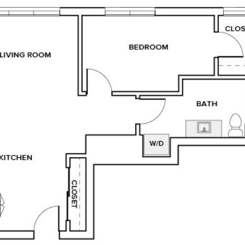 662 square foot one bedroom one bath apartment floor plan image in Redmond, WA