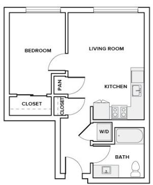 592 square foot one bedroom one bath apartment floor plan image in Redmond, WA
