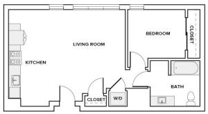 676 to 685 square foot one bedroom one bath apartment floorplan image
