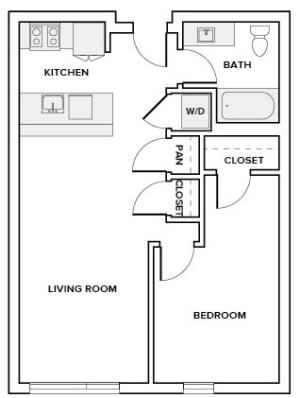 687 to 741 square foot one bedroom one bath apartment floor plan image in Redmond, WA